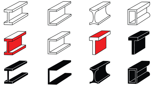 Collection of Professional Structural Steel Beam Icons Set Including I-Beam H-Beam Wide Flange and Metal Construction Girder Profiles for Engineering
