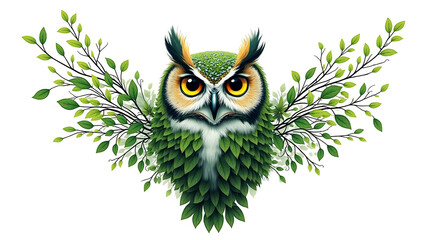 Obraz premium Green owl leaf texture foliage wing branch nature creature with intense eyes, surreal forest spirit portrait conveying calm wonder