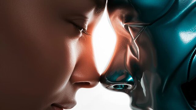 Close up of a woman's face touching noses with a cyborg. A concept of futuristic love, technology, and artificial intelligence