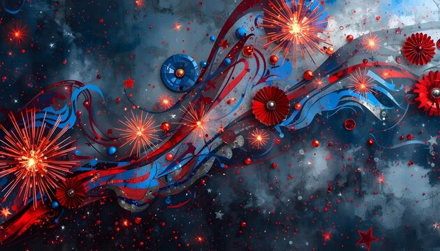 A vibrant and dynamic illustration of fireworks exploding in a dark night sky with red, white, and blue colors.