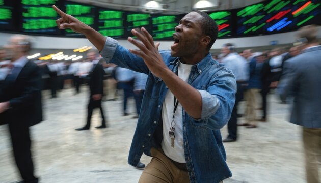 Energetic floor trader shouting and signaling emphatically highlighted against a lively yet unfocused crowd and glowing stock price displays in the backdrop.