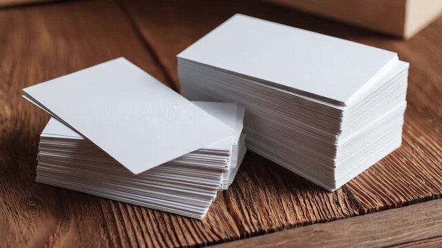 A stack of blank white business cards on a wooden table with a box in the background.