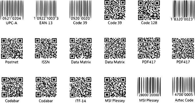 Various Barcode and 2D Code Symbologies: UPC-A, EAN, Code 39, QR, Data Matrix, PDF417, Aztec, MSI Plessey, Postnet, ISSN, Codabar, ITF-14 Examples