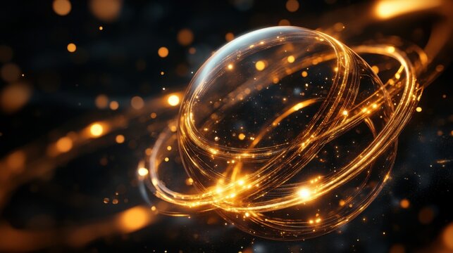 Luminous glass sphere with crossing rings hovering above bench in research lab, detailed particle halo and precise reflections illustrate quantum processor prototype and experimental optics setup