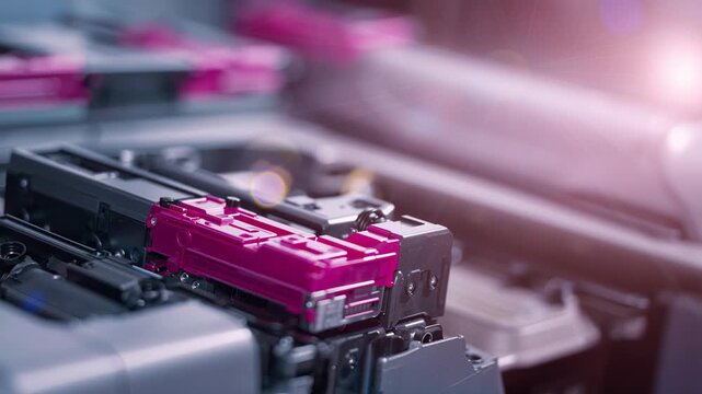 Vibrant magenta ink cartridge installed in a professional digital printer, close up showing precise mechanics and color output in a modern graphic design and production studio
