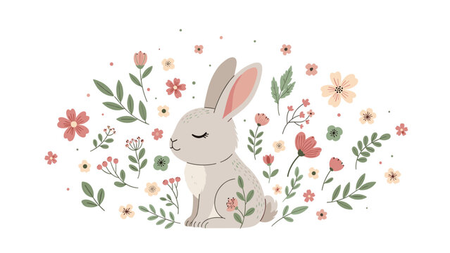 Adorable grey rabbit sits peacefully with closed eyes surrounded by a whimsical wreath of colorful wild flowers and leaves.