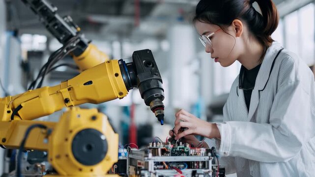 Female automation machine engineer student working on robotic equipment in a busy lab during late afternoon hours