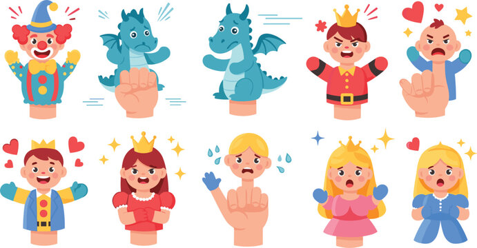 Hand puppets characters vector set with clown, dragon, king, princess and emotions storytelling toys cartoon illustration collection