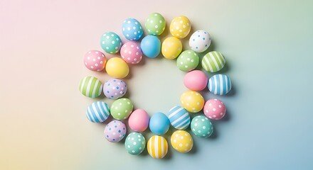 Fototapeta premium A colorful Easter wreath made of decorated eggs on a pastel background