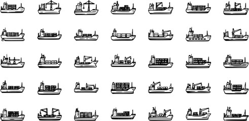 Collection of 49 Hand-Drawn Cargo Ships and Container Vessels on White Background © victoria