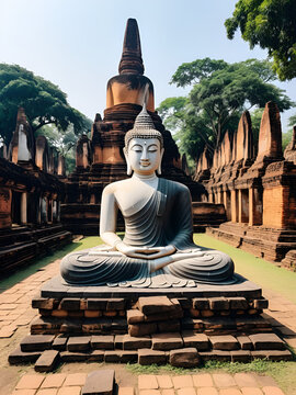 A decapitated Buddha statue seated amidst ruins, showcasing a poignant reminder of Ayutthaya tumultuous history