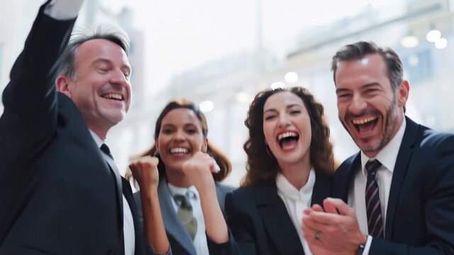 Group of professional businesspeople celebrate success in a bright office setting after achieving their important project goals during a productive meeting