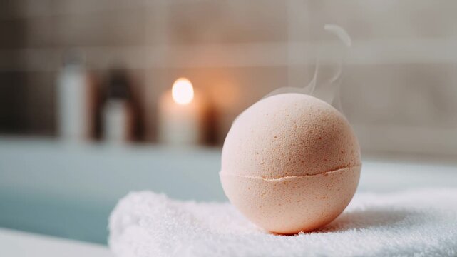 Close up of a handmade aromatic bath bomb releasing steam. A cozy bathroom setting with a soft towel and a candle for a relaxing spa day at home