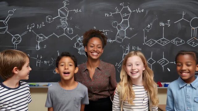 Smiling biracial female educator stands confidently with diverse group of children against blackboard filled with chemical structures in a classroom setting