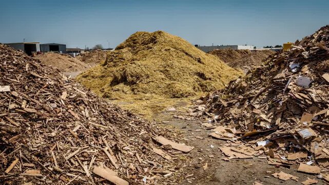 Medium shot of expansive open piles of wood chips straw and shredded cardboard in a bulking agents storage yard highlighting natural textures under bright daylight.