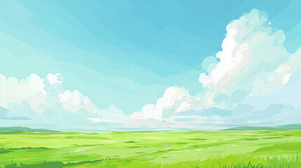 Naklejka premium 広大な草原と青空に浮かぶ雲の爽やかな風景イラスト