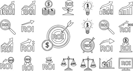 Obraz premium Hand-Drawn ROI Icons: Return on Investment, Growth, and Financial Strategy