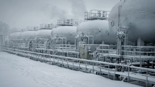 Winter medium shot of an intermediate storage tank farm with snowcovered horizontal tanks and safety piping capturing the cold quiet ambiance of a frosty industrial site.