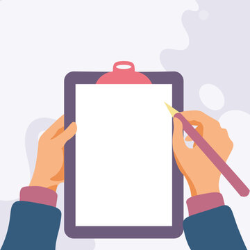 Illustration with hands holdings paper and pencil writing text. Brand nes infromation. Empty Space for important information. Notes contain main message, agenda.