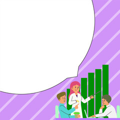 Fototapeta premium People sitting at table discussing latest news. White dialogue bubble contains important information. Empty big whiteboard for text on bright colored background.