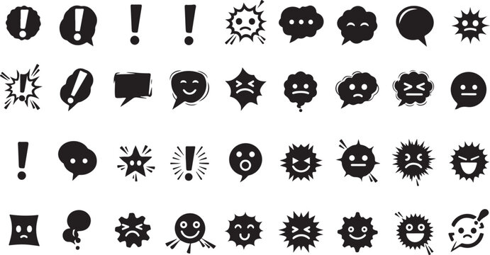 a collection of black and white emoticon and speech bubbles icons on a transparent background isolated on transparent background, Vector, illustration