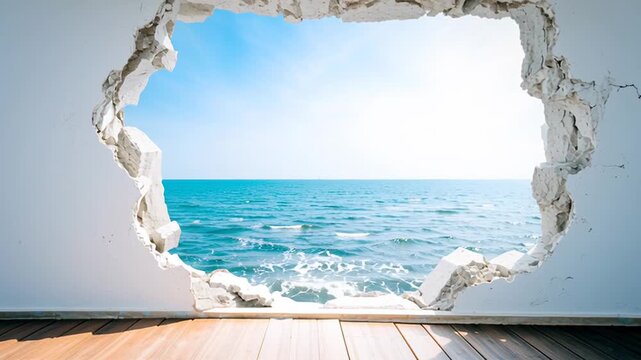 Conceptual video showing a breakthrough from an interior space to a beautiful ocean view, symbolizing escape, hope, and new opportunities