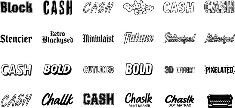 Typography Styles Set: Block, Cash, Stencier, Future, Bold, Chalk, Pixelated  More - Design Elements
