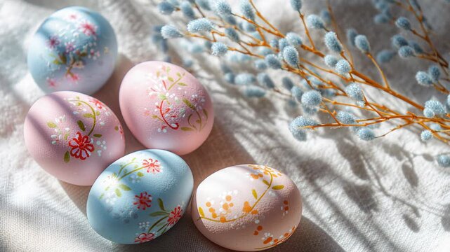 Beautiful pastel Easter eggs with delicate floral paintings and pussy willow branches on a white linen cloth as the sunbeam moves