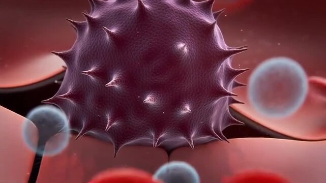 Dynamic medical visualization of a spiky malignant cancer cell actively squeezing through the endothelial cells of a blood vessel to enter the bloodstream, illustrating metastasis.