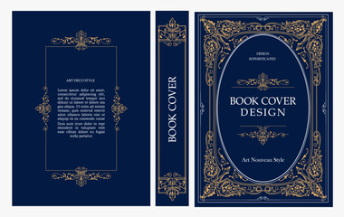 Fototapeta premium Classic vintage book cover and spine design with Art Deco, Baroque, Art Nouveau and Victorian ornaments. Elegant decorative frame, luxurious retro style for publications, posters and artistic layouts