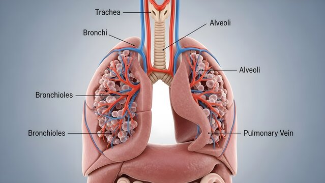 Comprehensive medical illustration of human lungs showing detailed trachea bronchi bronchioles alveoli and pulmonary blood vessels with labeled anatomical structures for respiratory system education s