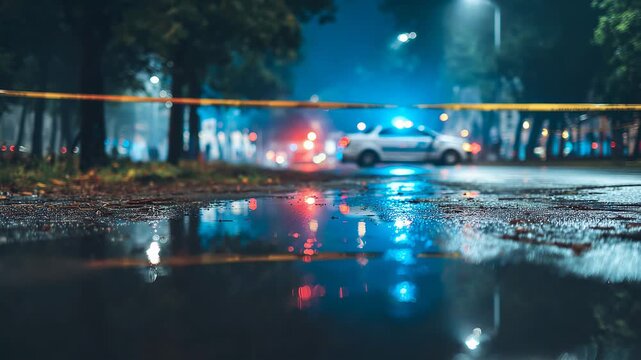 Cinematic low angle view of a crime scene at night. Yellow police tape cordons off the area while a police car's lights flash