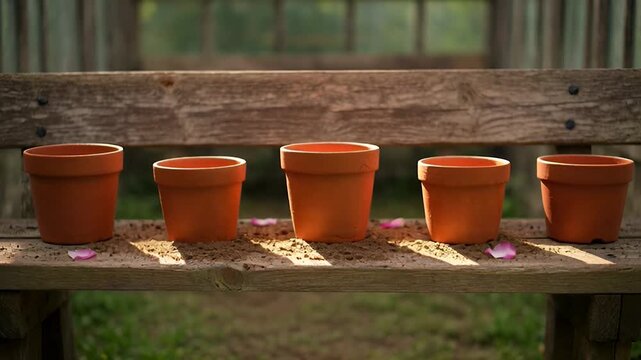Weathered greenhouse bench background with gradual morning brightness sliding across empty terracotta pots