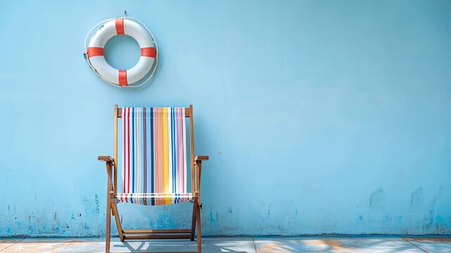Light and shadow playing on a poolside scene with a striped deck chair and a life preserver hanging on a blue wall. Summer vacation concept