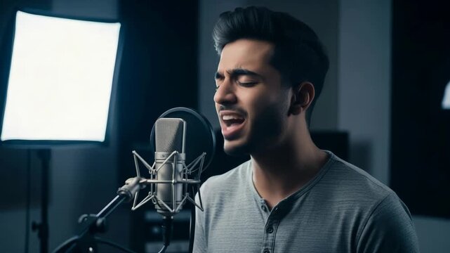 Harmony in the Studio: A captivating young male singer pours his heart and soul into a microphone during a recording session, immersed in the world of music