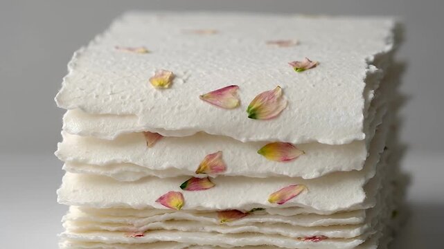Handmade paper stack background with a cool side sheen moving down deckled petal-filled sheets