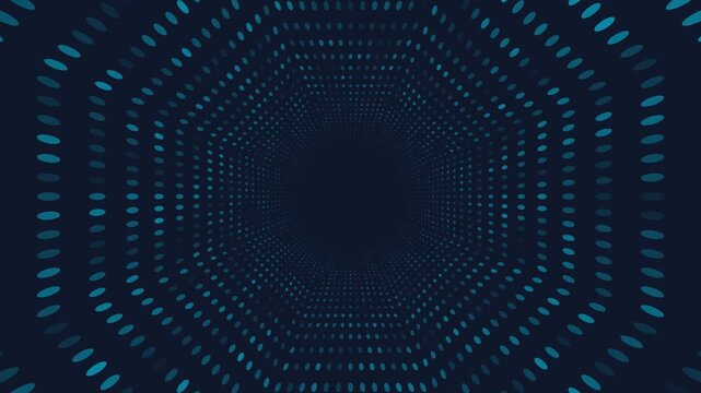 Dark cyan octagon tunnel animation with luminous dots and strong depth, designed as a seamless 4K loop for futuristic motion graphics, tech themes, and digital backdrops.