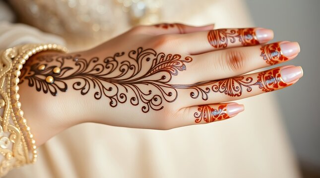 Close-up of bride's henna tattooed hands with intricate mehndi design and red nail polish on wedding day