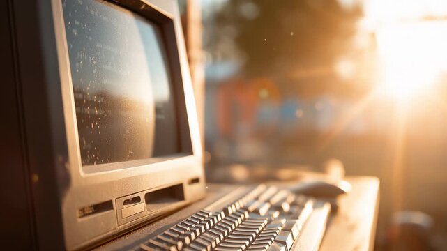 Old, dusty, and obsolete vintage computer from the 80s or 90s. The warm sunlight creates a nostalgic and retro atmosphere