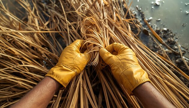Hands Wearing Garden Gloves picking Jute (Sone ka Resha)
