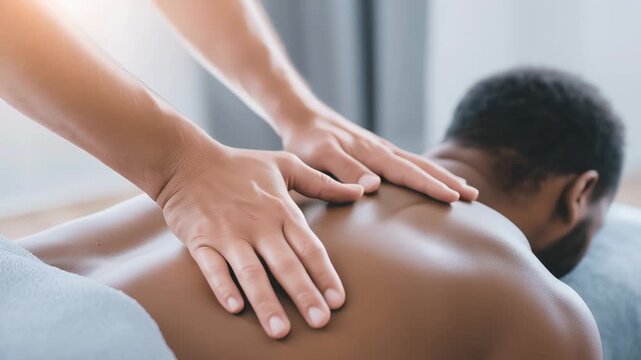 Professional therapist hands massaging the back and shoulders of a black man during a therapeutic session at a day spa for wellness