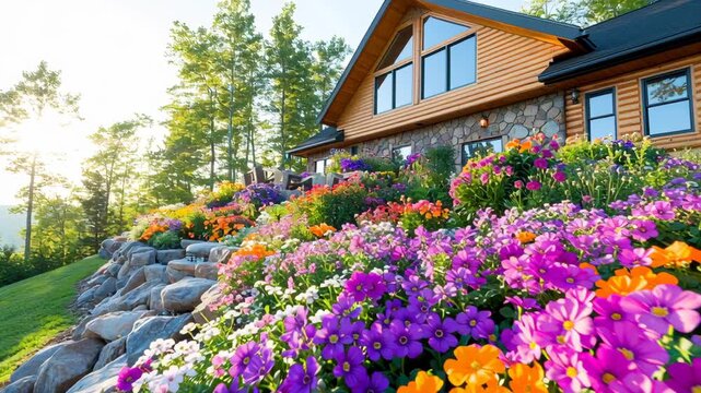 Lush Cottage and Colorful Floral Garden: A charming cottage home, complemented by a vibrant display of colorful blooming flower beds. Perfect blend of architecture and nature.