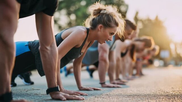 Group of individuals exercising outdoors in a push-up session during sunset on a warm evening