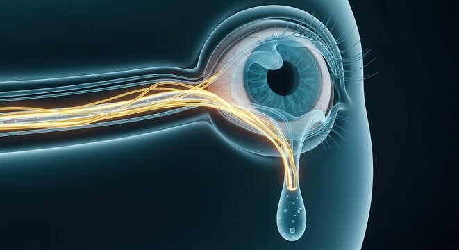 Stylized digital rendering of a human eye with prominent glowing nerves and a tear, symbolizing pain, sadness, or neurological processes.