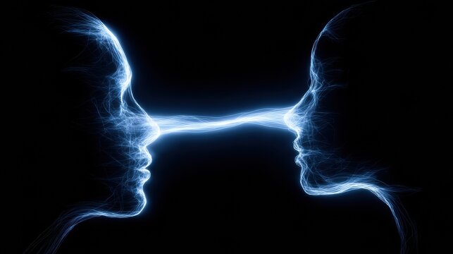 Two minds are linked by a glowing line, showing the exchange of ideas and communication in a creative space.