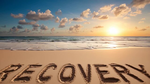 Recovery concept showing the word written on sand being washed away by a wave during a beautiful sunrise over the ocean