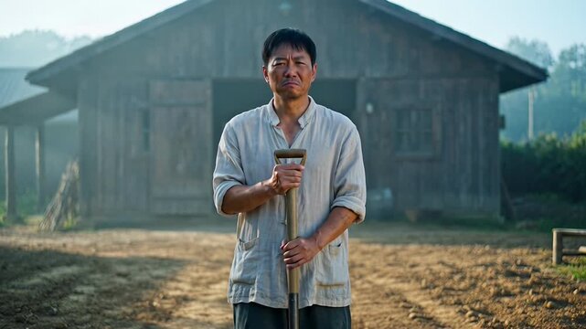 ?Farmer stands with hoe in serene rural setting