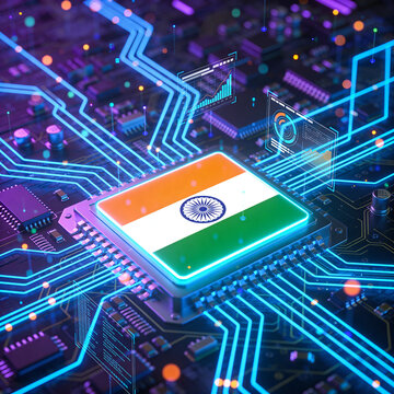 Indian Flag Integrated on Microchip with Futuristic Circuit Board, Digital India Technology Concept, Semiconductor Innovation, AI Computing and Advanced Electronics Visualization