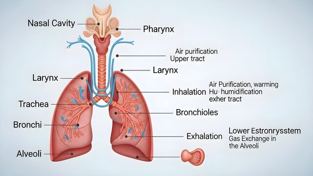 Educational medical illustration showing complete respiratory pathway from nasal cavity through pharynx larynx trachea bronchi to alveoli with detailed labels for comprehensive respiratory system anat