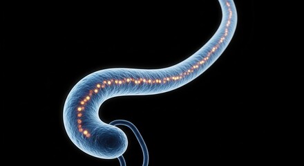 Fototapeta premium Abstract scientific illustration of a glowing blue tubular structure with internal orange particles on a dark background.